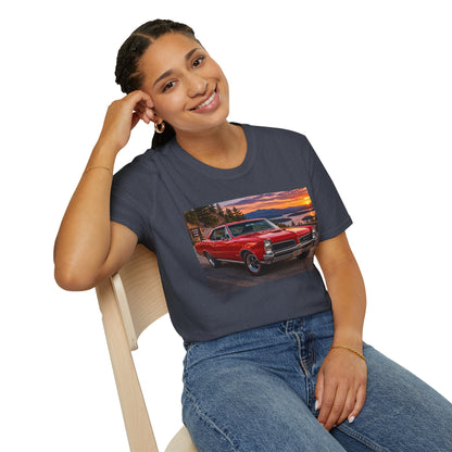 Classic Red Muscle Car T-Shirt — Vintage Pontiac Sunset Driving Tee