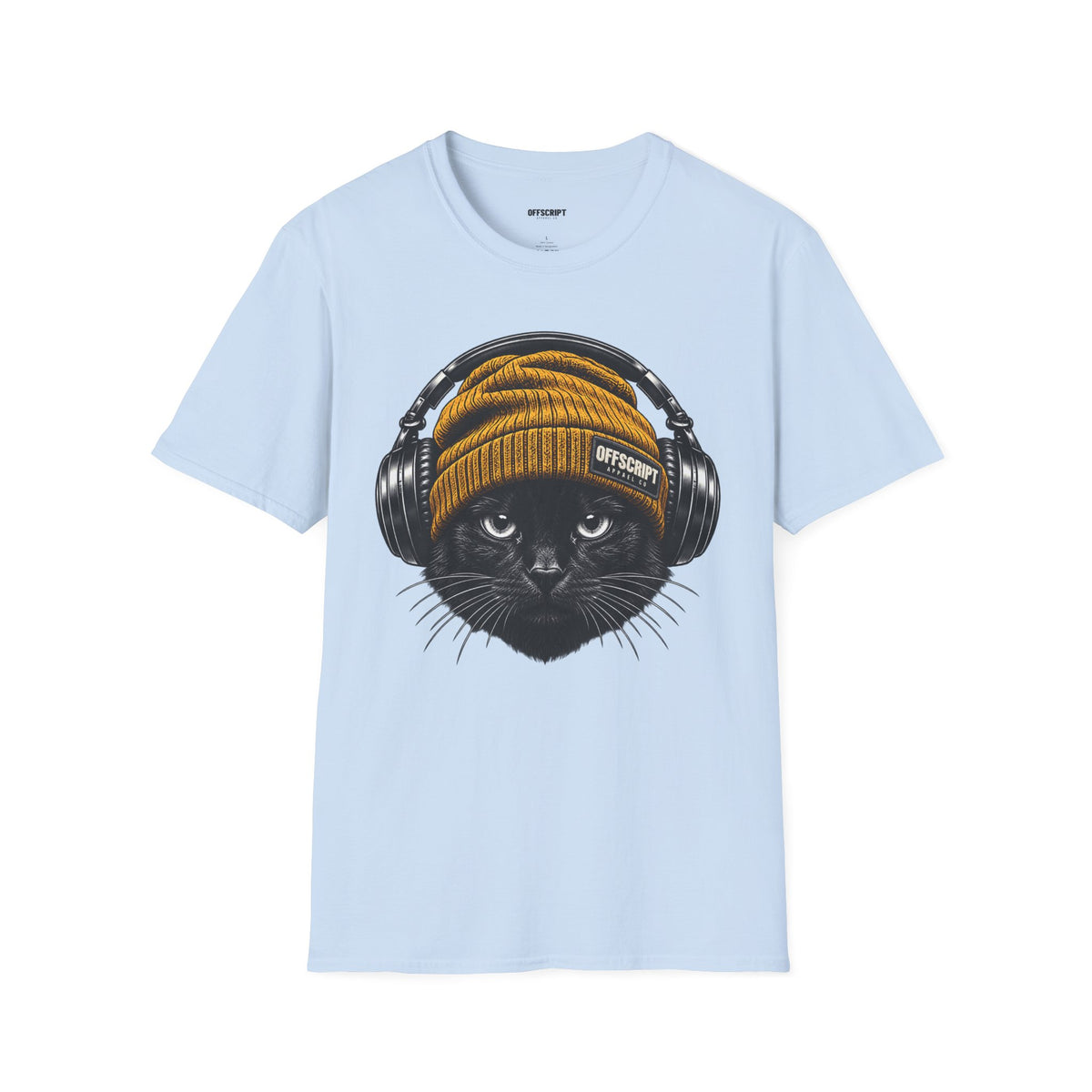 Cat Headphones T-Shirt — Cool Black Cat with Beanie & Headphones Graphic