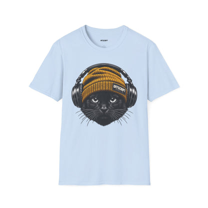 Cat Headphones T-Shirt — Cool Black Cat with Beanie & Headphones Graphic
