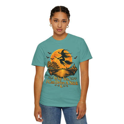 Witch Flying Over Moon T-Shirt – "Why Yes, I Can Drive A Stick" Halloween Tee