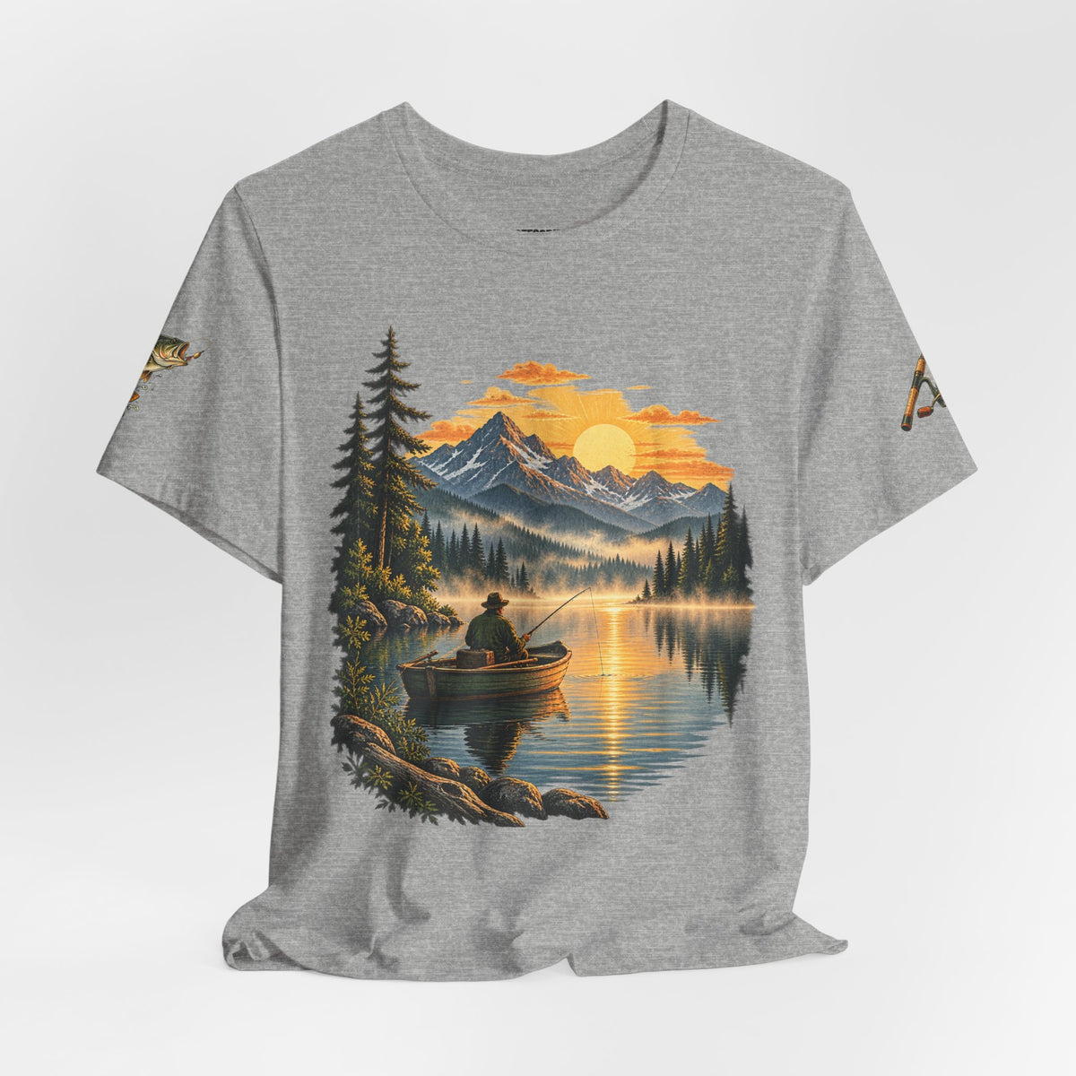 Sunset Lake Fishing T-Shirt — Mountain Boat Fishing Graphic Tee