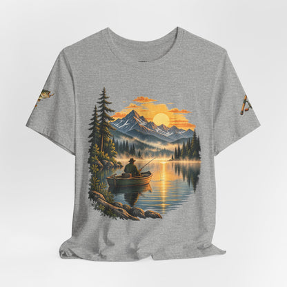 Sunset Lake Fishing T-Shirt — Mountain Boat Fishing Graphic Tee