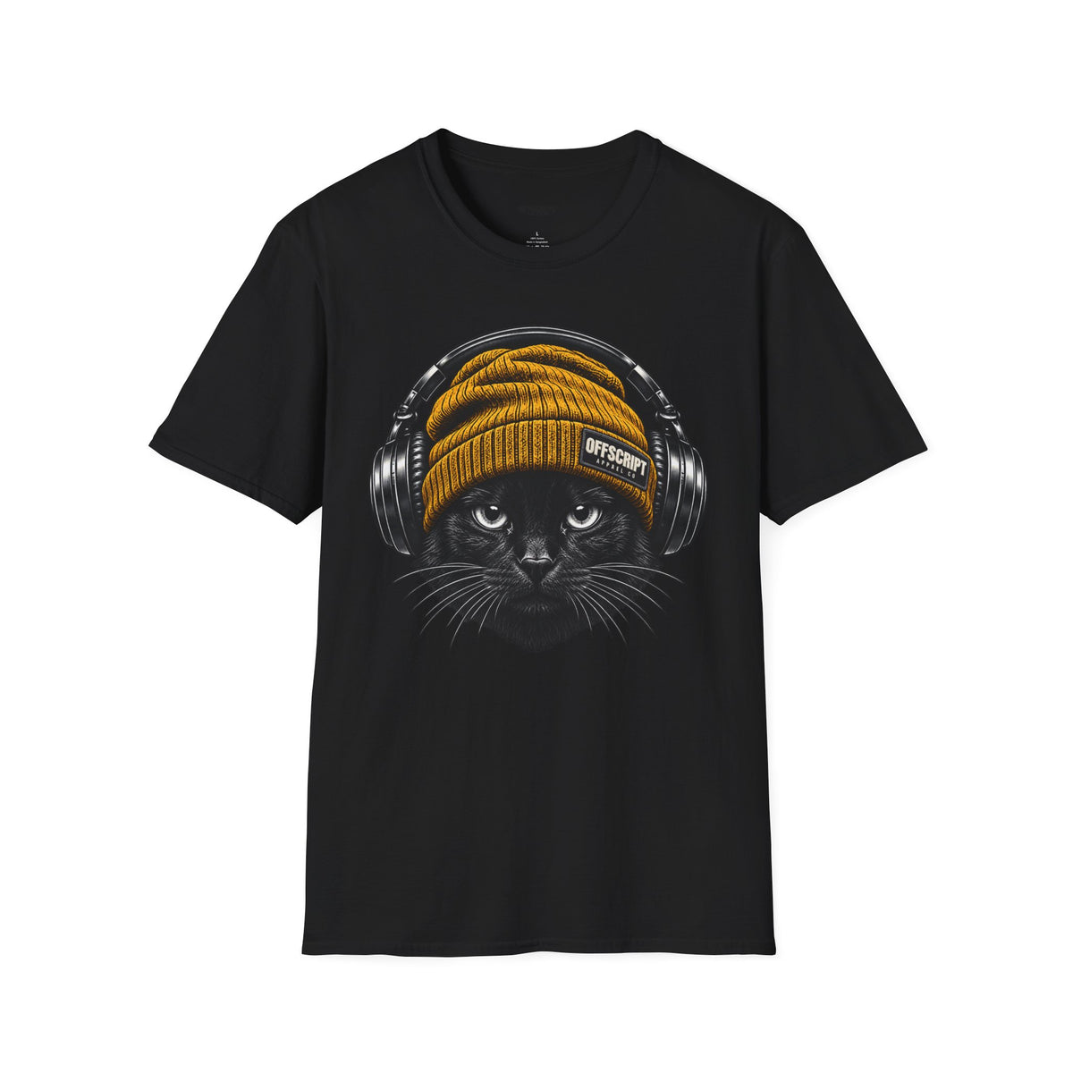 Cat Headphones T-Shirt — Cool Black Cat with Beanie & Headphones Graphic