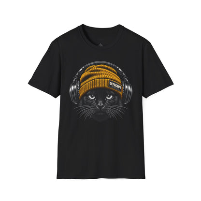Cat Headphones T-Shirt — Cool Black Cat with Beanie & Headphones Graphic