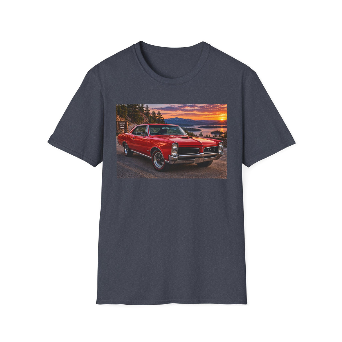 Classic Red Muscle Car T-Shirt — Vintage Pontiac Sunset Driving Tee