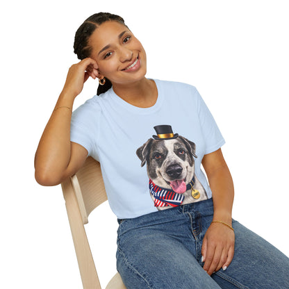 Patriotic Pup Tee — Dog with Top Hat & American Flag Bandana