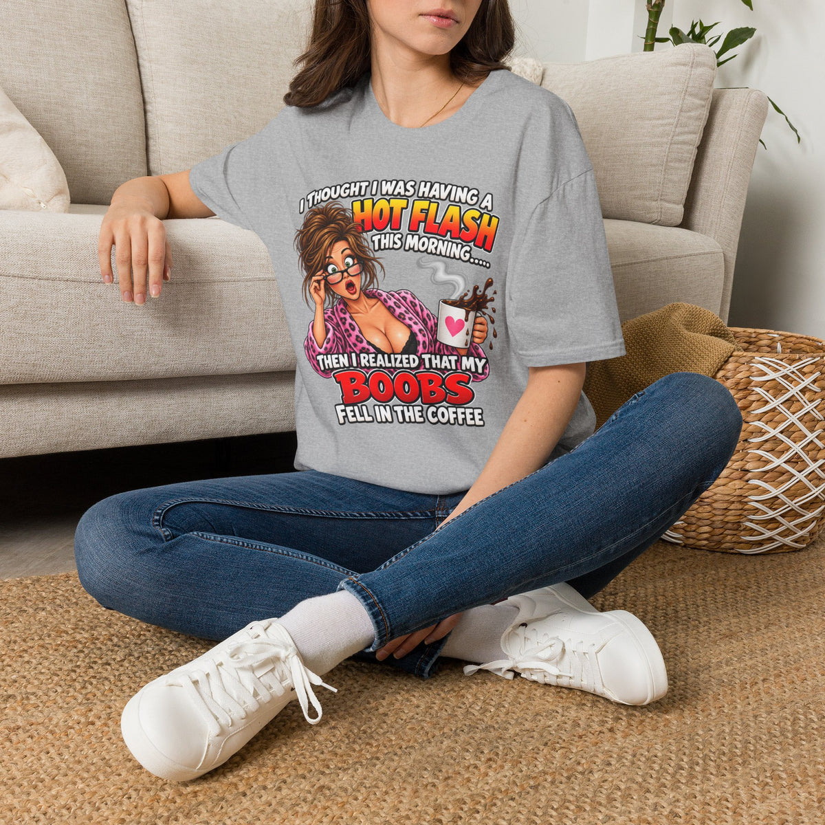 Hot Flash Coffee Tee — Funny Menopause T-Shirt (‘My Boobs Fell in the Coffee’)
