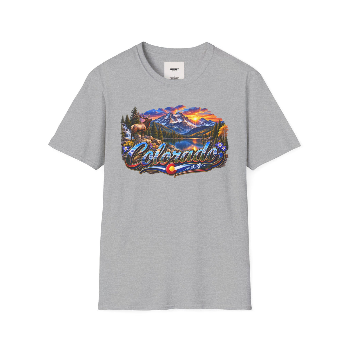 Colorado Scenic T‑Shirt — Mountain Sunset Landscape with Elk and State Script