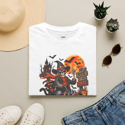 Halloween Biker Skeleton T-Shirt — "Ride If You Dare" Spooky Motorcycle Tee