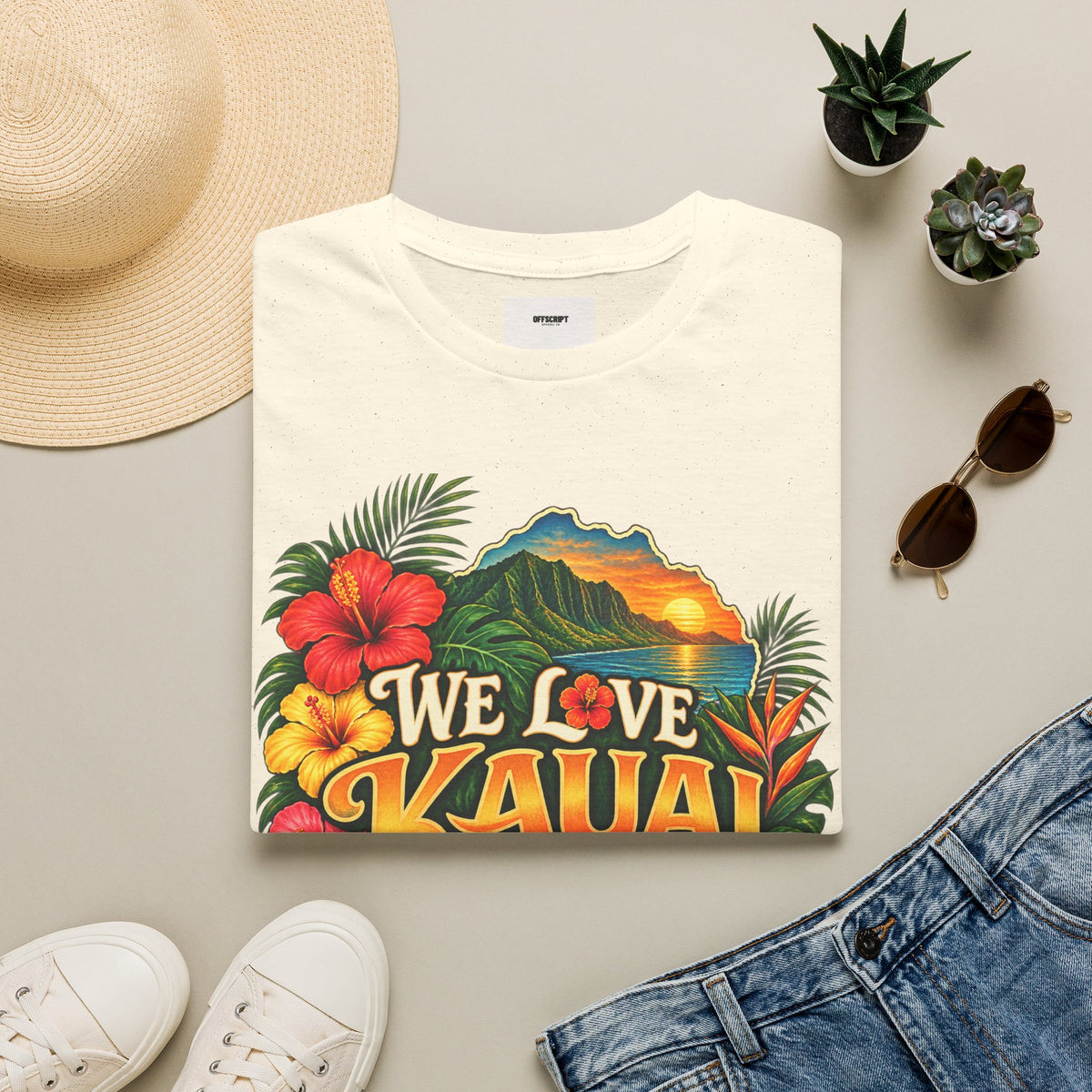 We Love Kauai T-Shirt — Hawaiian Island Sunset Floral Tee