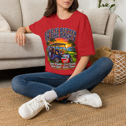 Golf T-Shirt — "Life Is Better on the Back 9" Sunset Golf Cart Design