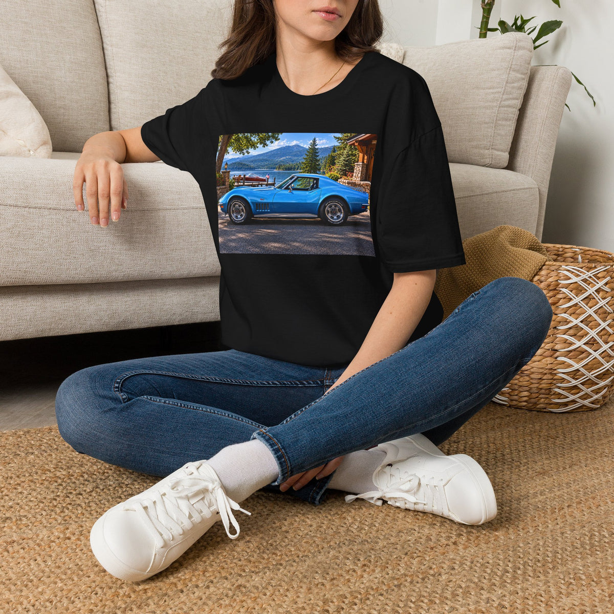 1968 Chevrolet Corvette Stingray Graphic T‑Shirt — Blue Classic Car Lakefront Print
