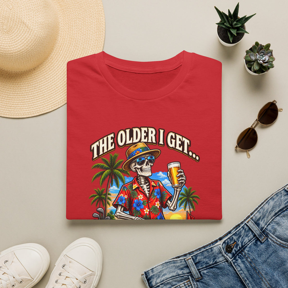 T-Shirt — “The Older I Get… The Further My Balls Go Into The Woods” Retro Tropical Skeleton Humor Tee