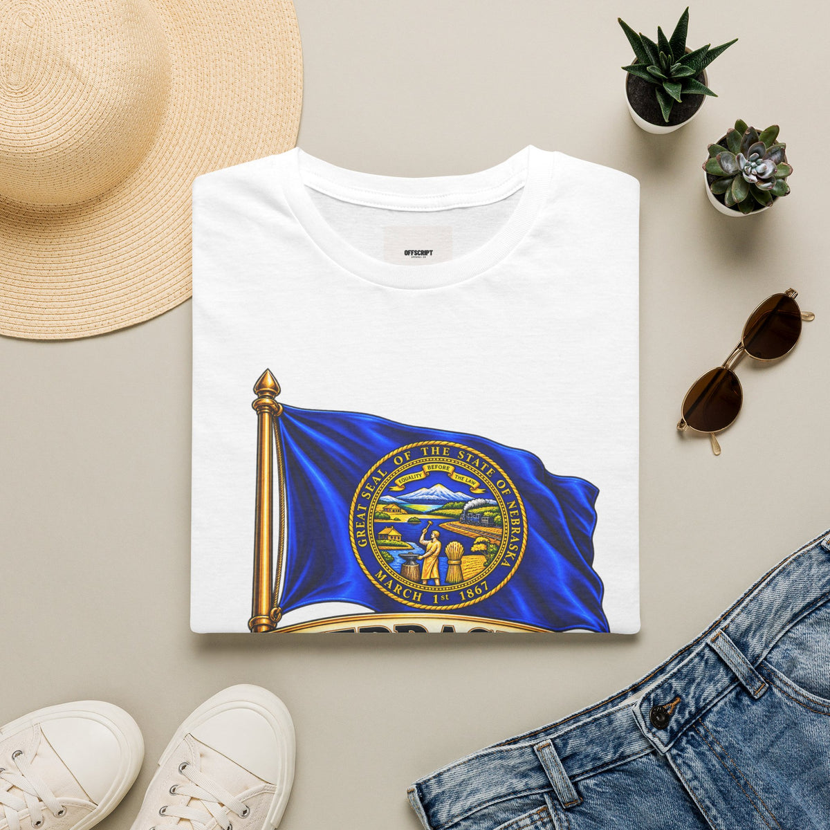Nebraska Flag T-Shirt — State Seal ‘Nebraska: Equality Before the Law’
