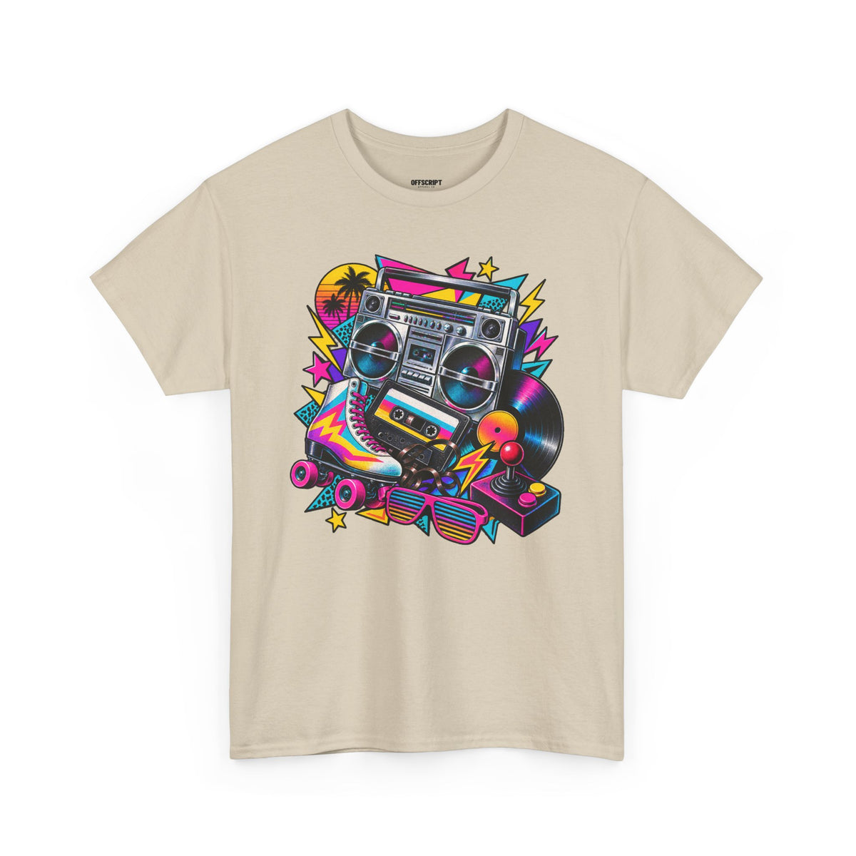 Retro Boombox Tee — 80s Neon Music Graphic T-Shirt
