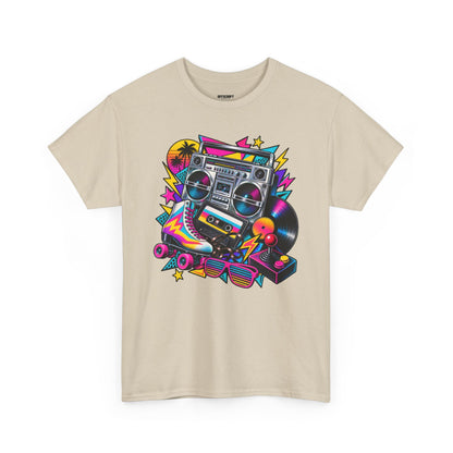 Retro Boombox Tee — 80s Neon Music Graphic T-Shirt