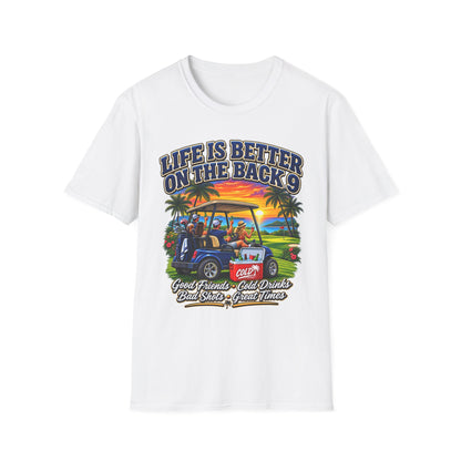 Golf T-Shirt — "Life Is Better on the Back 9" Sunset Golf Cart Design