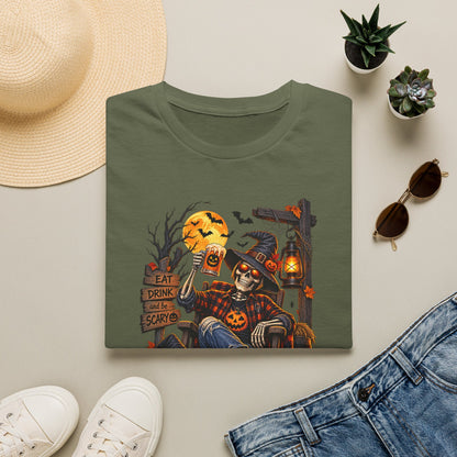 Halloween Skeleton Lounge T-Shirt — "Eat Drink & Be Scary" Graphic Tee