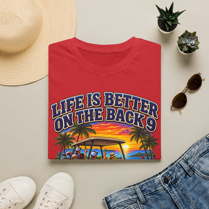 Golf T-Shirt — "Life Is Better on the Back 9" Sunset Golf Cart Design