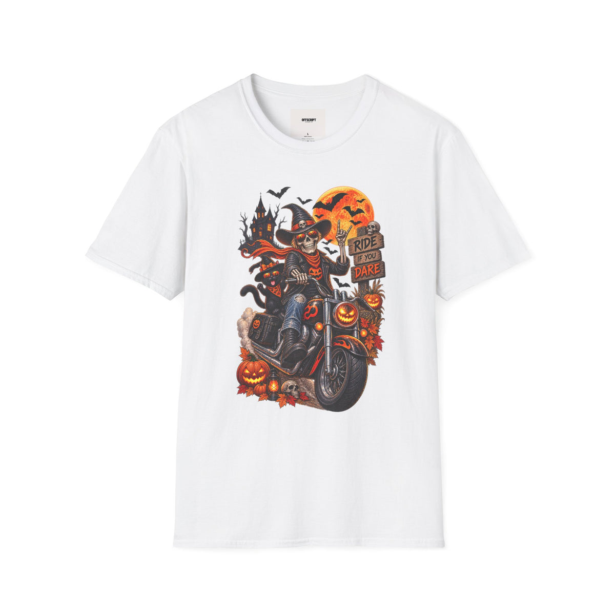 Halloween Biker Skeleton T-Shirt — "Ride If You Dare" Spooky Motorcycle Tee