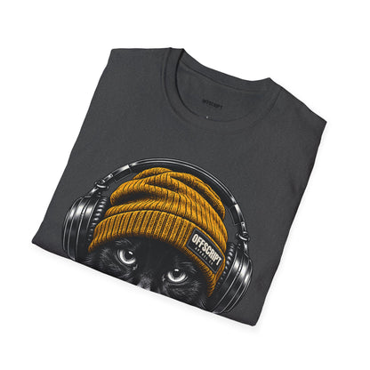 Cat Headphones T-Shirt — Cool Black Cat with Beanie & Headphones Graphic