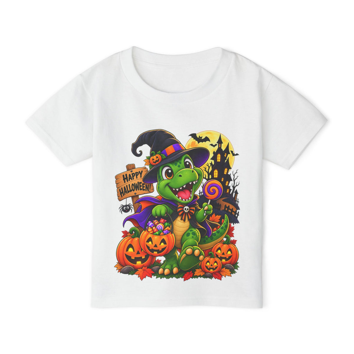 Toddler Halloween Dino T‑Shirt – Cute Witch Dino with Pumpkins & "Happy Halloween" Design