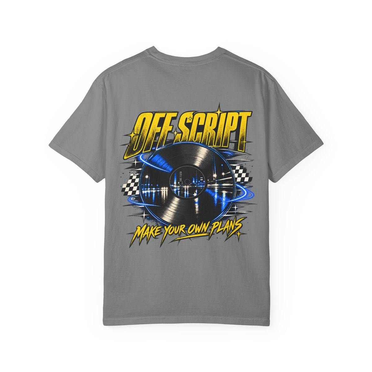 T-Shirt — Off Script Vinyl Graphic Tee: "Make Your Own Plans" Retro Racing Design