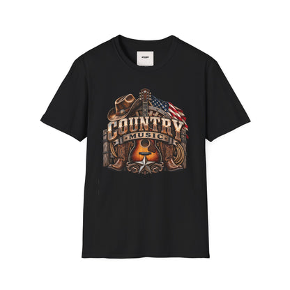 Country Music Graphic T‑Shirt — Western Guitar & Flag Design