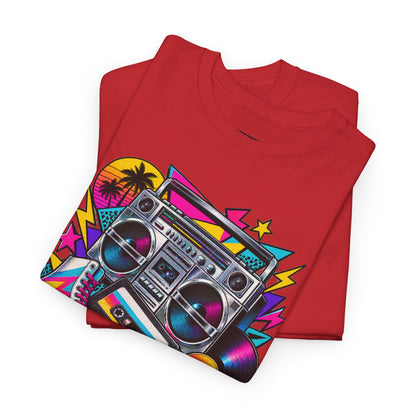 Retro Boombox Tee — 80s Neon Music Graphic T-Shirt