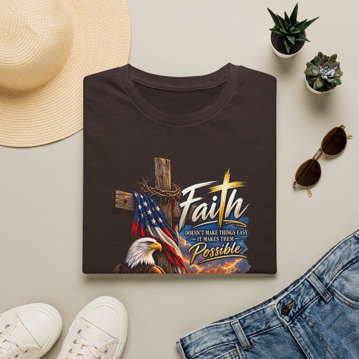 Faith Eagle T-Shirt — 'Faith Makes The Impossible Possible' Patriotic Cross Design