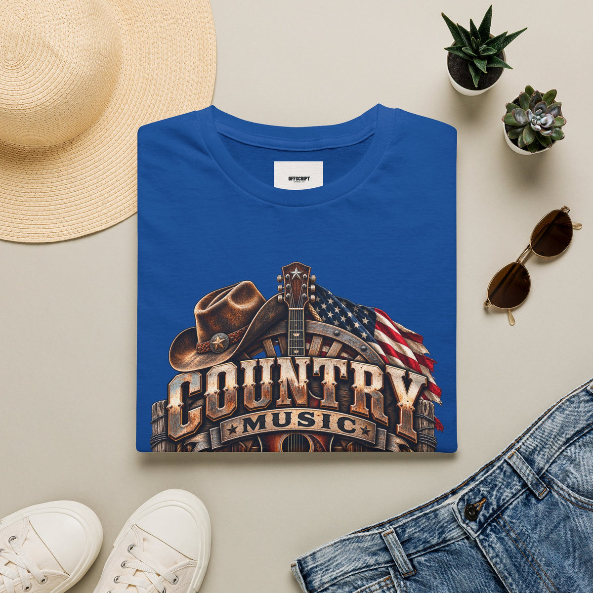 Country Music Graphic T‑Shirt — Western Guitar & Flag Design