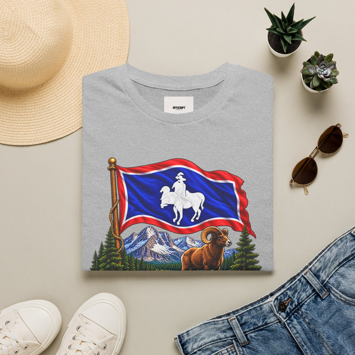 Wyoming Flag T-Shirt — Cowboy & Bison Mountain Scenic Tee