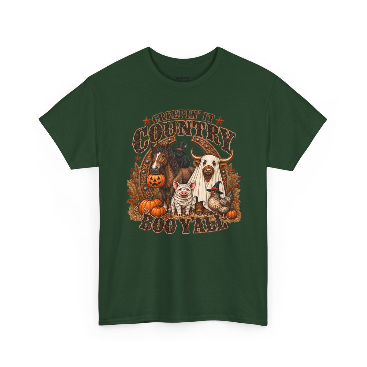 Country Halloween Tee — "Keepin' It Country Boo Y'all" Farm Animal Pumpkin T-Shirt