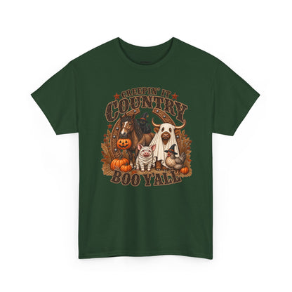 Country Halloween Tee — "Keepin' It Country Boo Y'all" Farm Animal Pumpkin T-Shirt