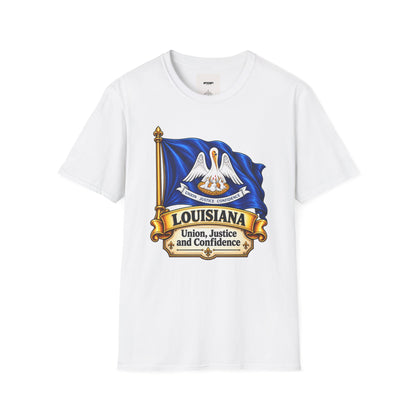 Louisiana State Flag T-Shirt — Pelican Emblem "Union, Justice & Confidence" Tee