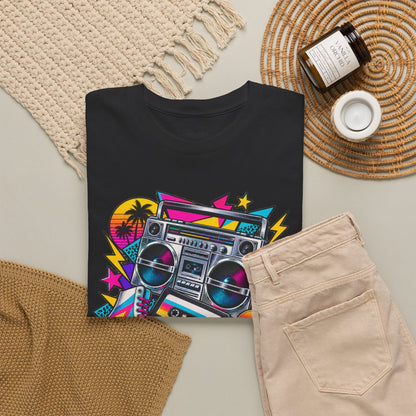 Retro Boombox Tee — 80s Neon Music Graphic T-Shirt