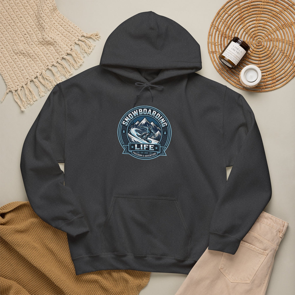Snowboarding Hoodie – "Snowboarding Life" Graphic Pullover with Backboarder Illustration