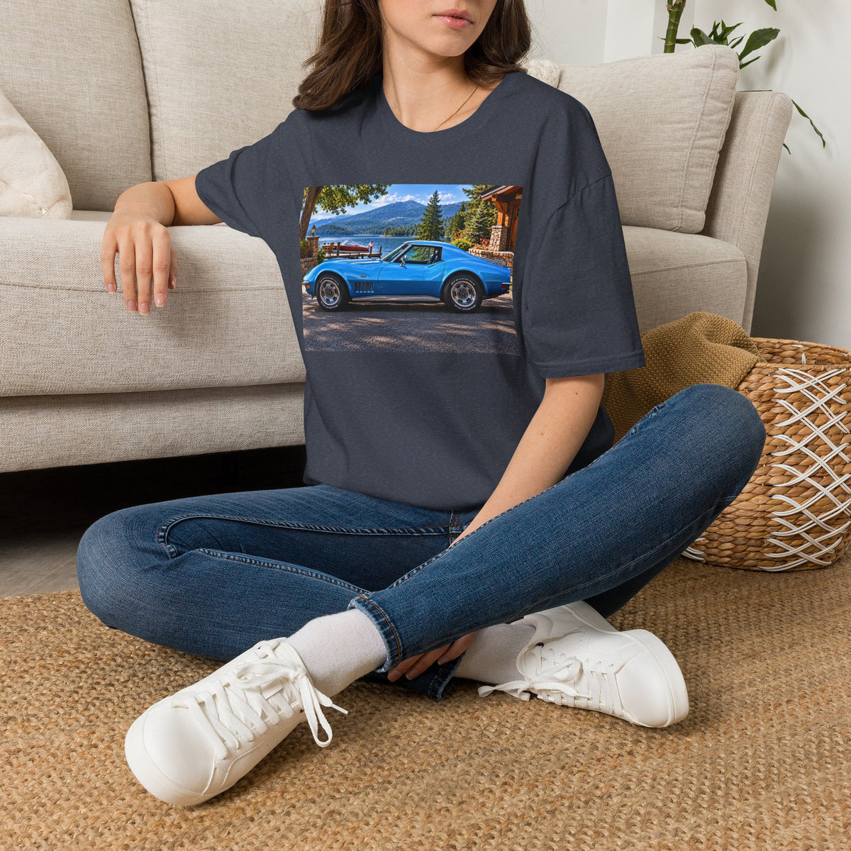 1968 Chevrolet Corvette Stingray Graphic T‑Shirt — Blue Classic Car Lakefront Print