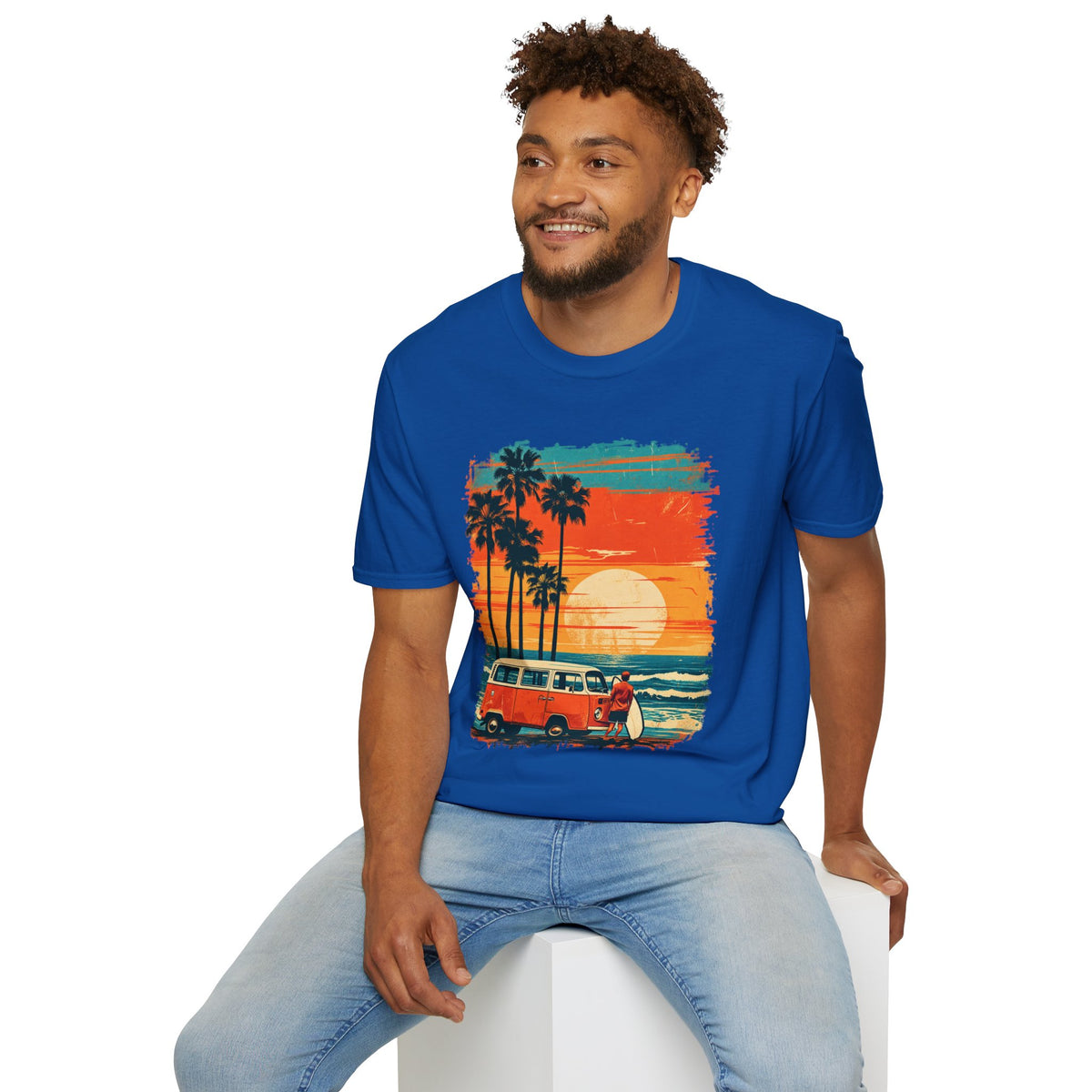 Retro Sunset Van T-Shirt – Tropical Beach Road Trip Graphic
