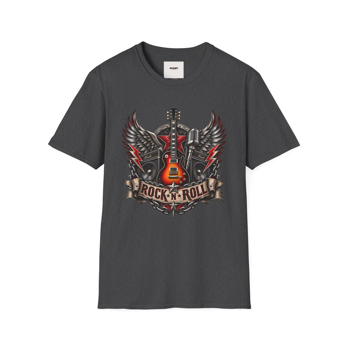 Rock 'n' Roll Guitar Tee — Vintage Winged Guitar & Microphone Design
