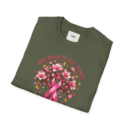 Breast Cancer Awareness T-Shirt – “Her Fight Is Our Fight” Pink Ribbon Floral Tee