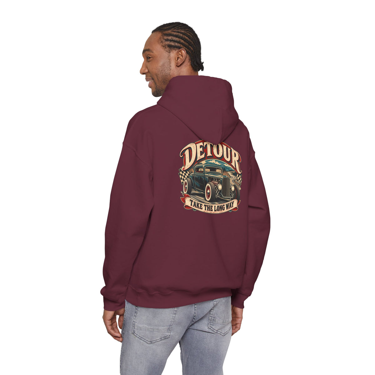 Detour Vintage Hot Rod Hoodie — "Take The Long Way" Classic Car Sweatshirt