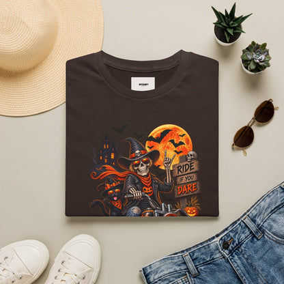 Halloween Biker Skeleton T-Shirt — "Ride If You Dare" Spooky Motorcycle Tee