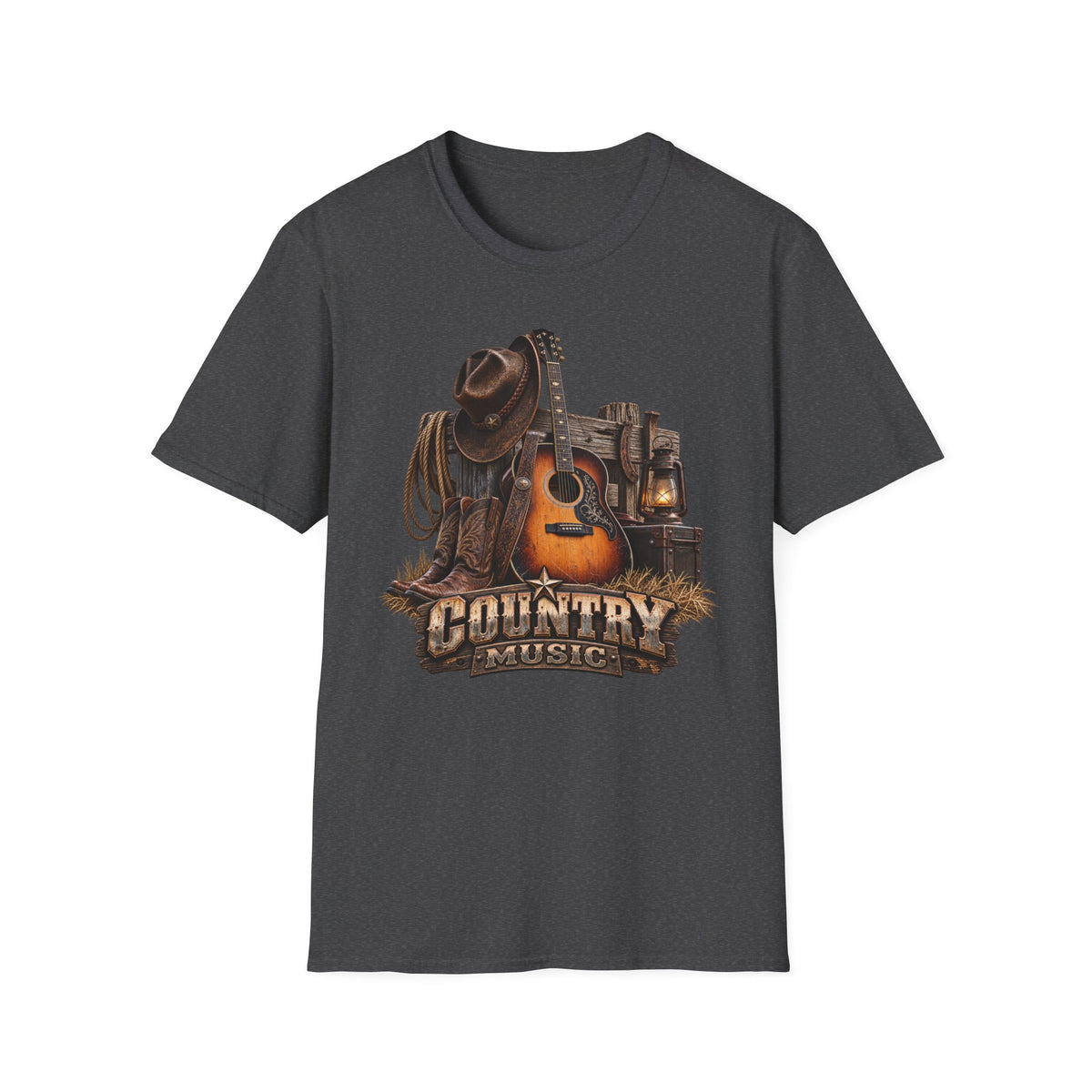 Country Music Guitar T-Shirt — Rustic Cowboy Hat & Lantern Graphic