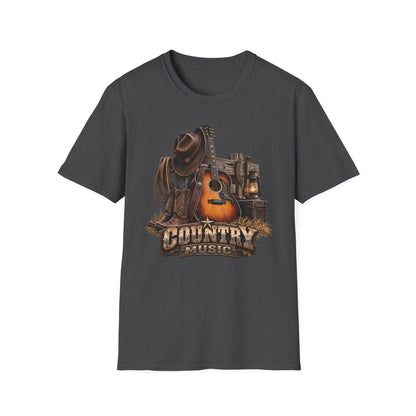 Country Music Guitar T-Shirt — Rustic Cowboy Hat & Lantern Graphic