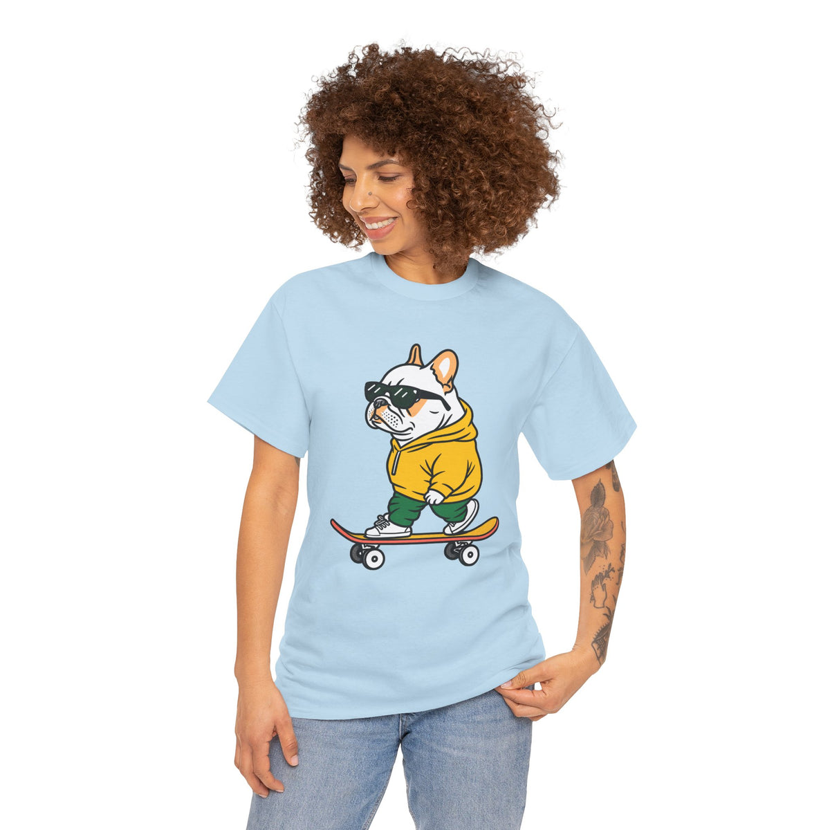 Skateboarding French Bulldog T‑Shirt – Cute Bulldog on Skateboard Graphic Tee
