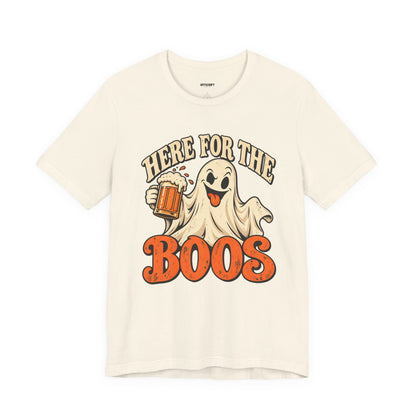 Here for the Boos Halloween T-Shirt — Ghost Drinking Beer Graphic Tee