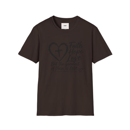 Faith Hope Love T‑Shirt — Heart & Cross Scripture Design (1 Corinthians 13:13)