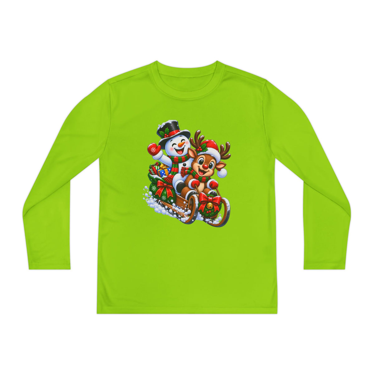 Kids' Christmas Sledding Tee — Snowman & Reindeer Holiday Long Sleeve