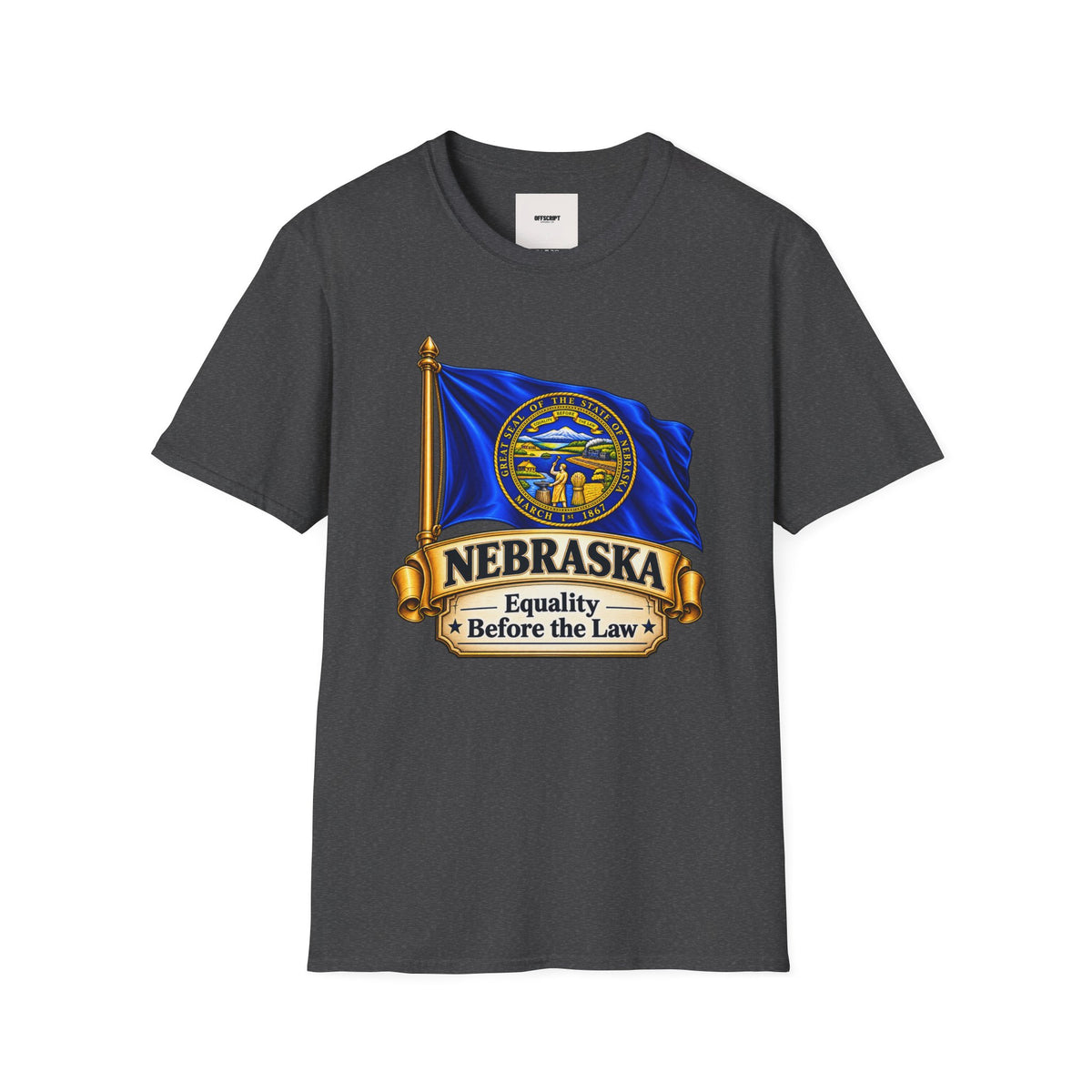 Nebraska Flag T-Shirt — State Seal ‘Nebraska: Equality Before the Law’